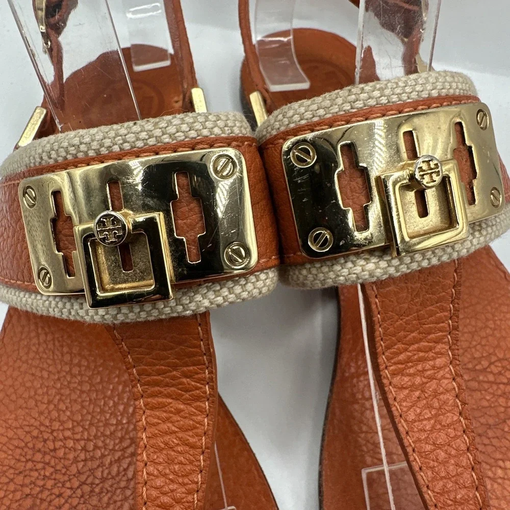 Tory Burch Orange Leather T-Strap Flat Sandals Sz 9 1/2